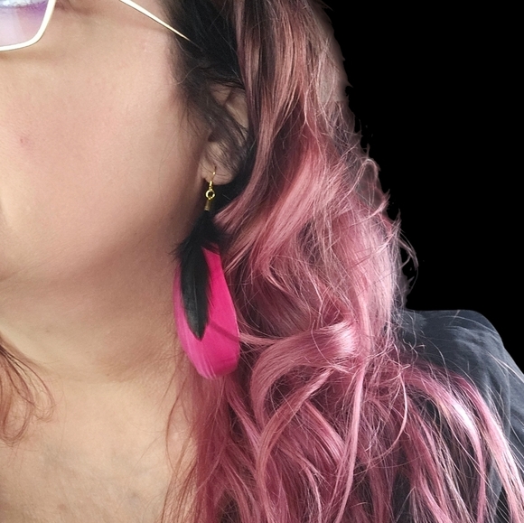 Goose Feather Drop Earrings in Red and Black Plumage 4 inch drop Gold Hardware - Picture 2 of 2